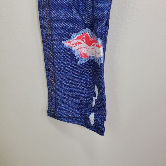 Dren Designs‎ Medium Wash Faux Distressed Denim Red Bandana Accents Leggings OS - Picture 4 of 6